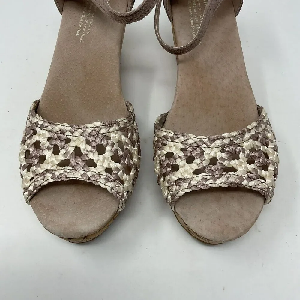 Toms Wedge Sandals‎ 7.5 Beige Tan Strappy Open Toe Shoes Ankle Strap Cork Heel